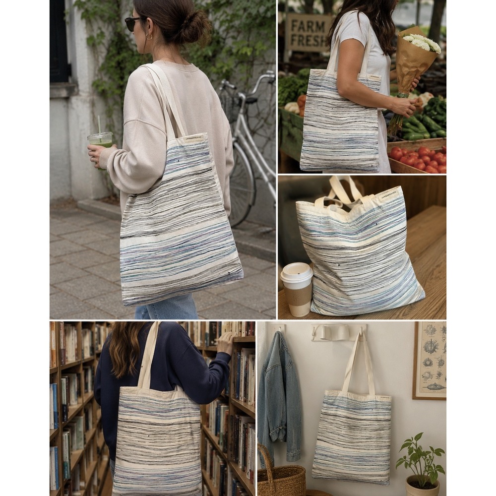 Anthropologie Striped Cotton Canvas Tote Bag Blue Teal Cream Shopper 18x13.5